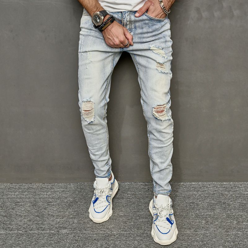 Men's Clothing Retro Ripped Jeans, Men's Slim, Stretchy, Trendy, Personalized Beggar Pants, Men's Long Pants_mkmklike.com