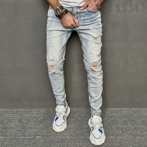Men's Clothing Retro Ripped Jeans, Men's Slim, Stretchy, Trendy, Personalized Beggar Pants, Men's Long Pants_mkmklike.com