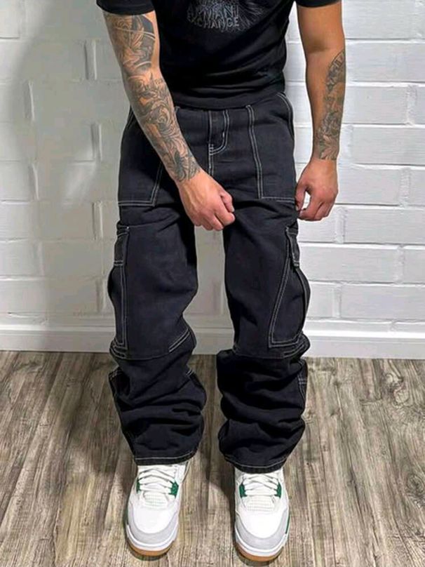 Men's Clothing Utility Cargo Jeans – Raw Hem Straight-Leg Denim Pants With Multi-Pocket Design (Vintage Washed, Streetwear & Workwear Staple)_mkmklike.com