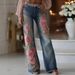 Vintage Pink Rose Embroidery Art Print Flare Jeans For Women - High Waisted Stretch Denim Pants With Floral Design_mkmklike.com