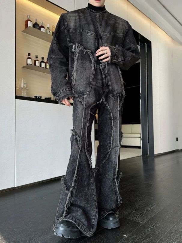 Men's Washed Distressed Denim Suit 2026 Trendy Two Piece Set Loose Fit Slightly Flared Pants And Jacket Spring Autumn Wear_mkmklike.com