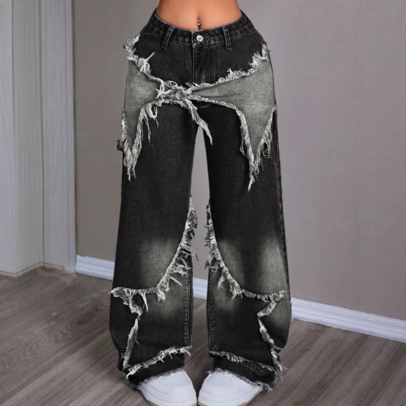 Women's Star Patchwork Heavy Duty Washed Denim Jeans Retro American Frayed Edges Wide Straight Leg Design_mkmklike.com