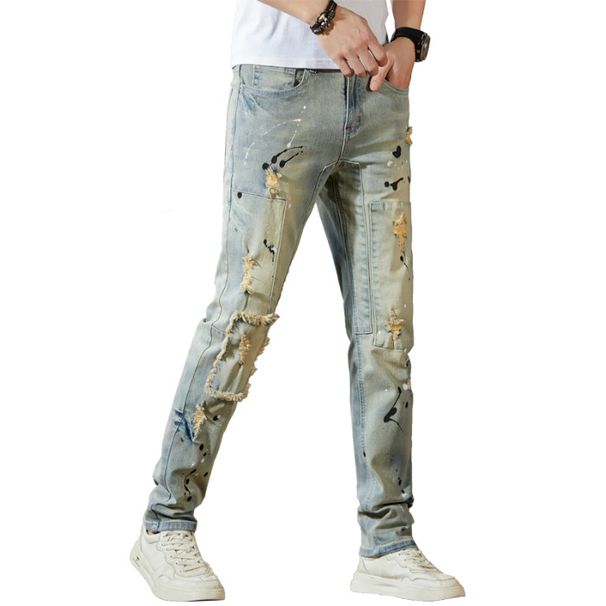 Premium Vintage Washed Jeans – Distressed Splatter Paint & Patchwork (Slim Straight Fit, Mid-Rise, Stretch Denim, 28-38, Hand-Painted Details)_mkmklike.com