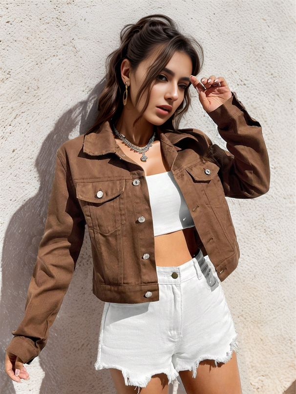 Women's Denim Jacket Short Sleeve Casual Cropped Coat Fashionable Streetwear For Spring & Summer_mkmklike.com