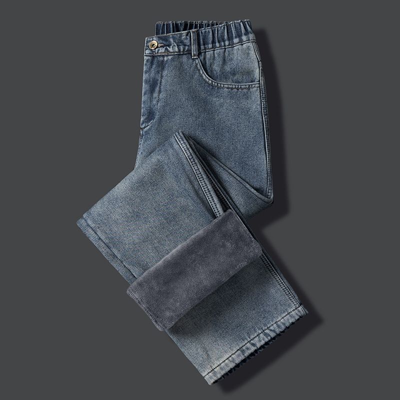 Men's High Quality Fleece Lined Straight Leg Jeans Winter Style Semi Elastic Waist Trendy Versatile Loose Comfortable Fashionable Denim_mkmklike.com