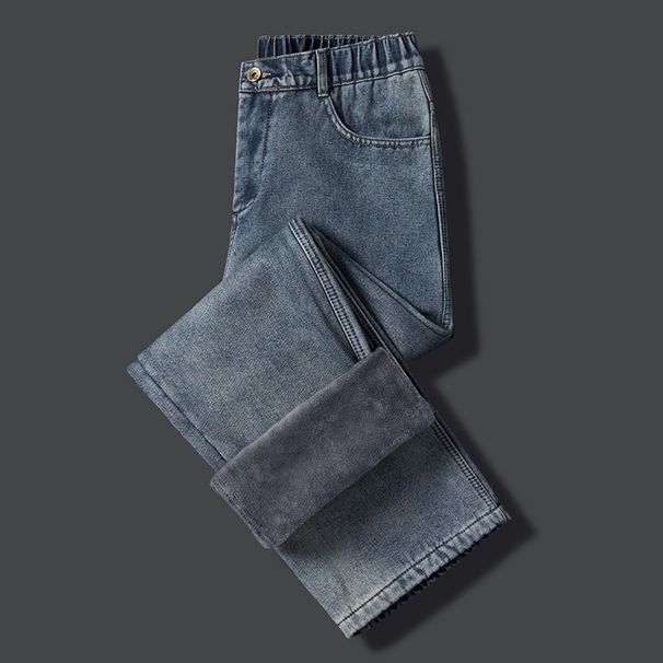 Men's High Quality Fleece Lined Straight Leg Jeans Winter Style Semi Elastic Waist Trendy Versatile Loose Comfortable Fashionable Denim_mkmklike.com