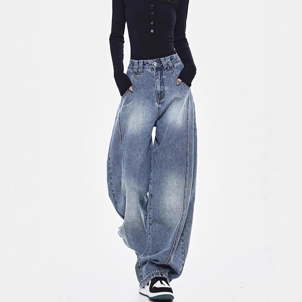 American Retro Deconstructed Original Color Curved Hem Jeans Women, Loose Silhouette, Wide-leg, Floor-length Pants For_mkmklike.com