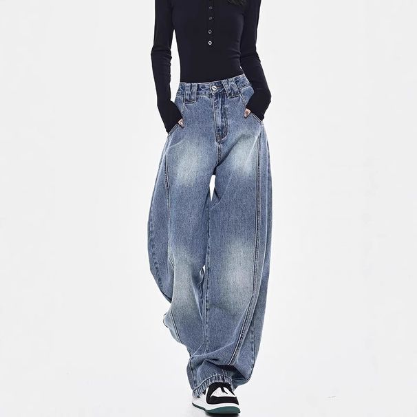 American Retro Deconstructed Original Color Curved Hem Jeans Women, Loose Silhouette, Wide-leg, Floor-length Pants For_mkmklike.com