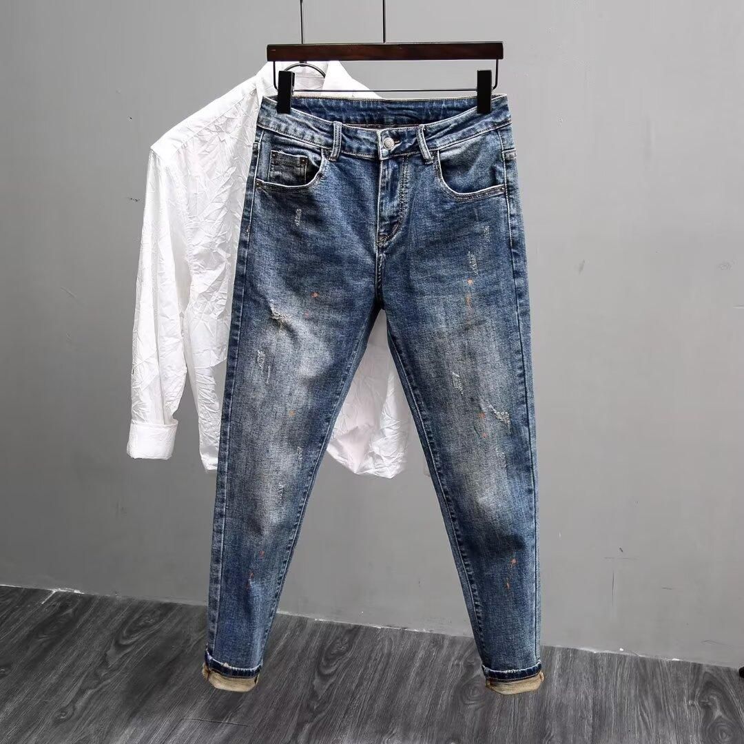 Retro Blue Jeans Men's Slim-fitting Small Feet Washed Trendy Casual Versatile Trousers Autumn And Winter New Pants_mkmklike.com