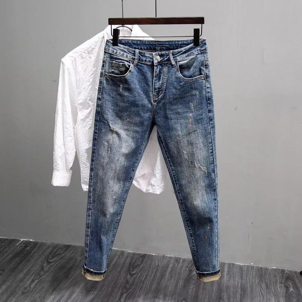 Retro Blue Jeans Men's Slim-fitting Small Feet Washed Trendy Casual Versatile Trousers Autumn And Winter New Pants_mkmklike.com