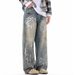Men's Clothing Urban Relaxed Fit Jeans For Men | 80% Cotton Straight Leg Pants | Washed Taupe Graffiti Style | Comfort Stretch (S-XXL)_mkmklike.com