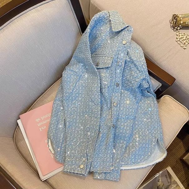 New European Light Blue Small Fragrant Style Heavy Industry Sequined Denim Shirt, Shirt Jacket, Men's_mkmklike.com