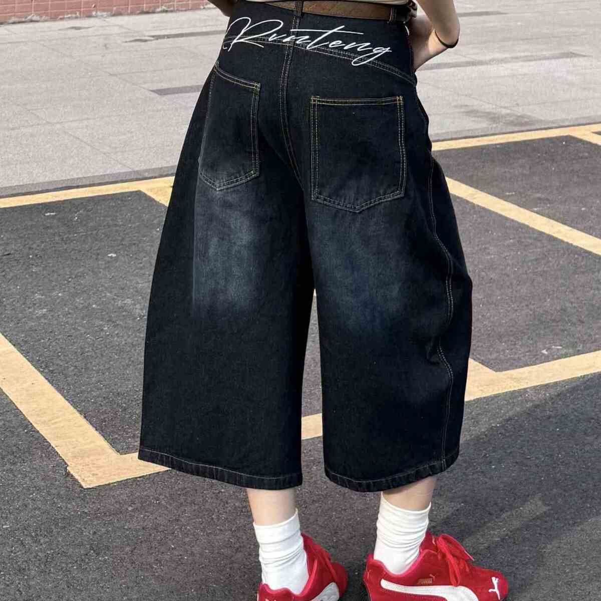 American Retro Letter Embroidered Denim Shorts Men's High Street Straight Loose Casual Washed Wide-leg Cropped Pants_mkmklike.com