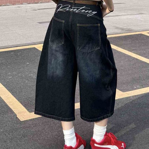 American Retro Letter Embroidered Denim Shorts Men's High Street Straight Loose Casual Washed Wide-leg Cropped Pants_mkmklike.com