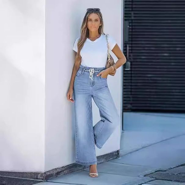 Women's Wide Leg Jeans High Elastic Waist Flared Pants Loose Y2K Style Casual Denim Trousers for European And American Market 2024_mkmklike.com