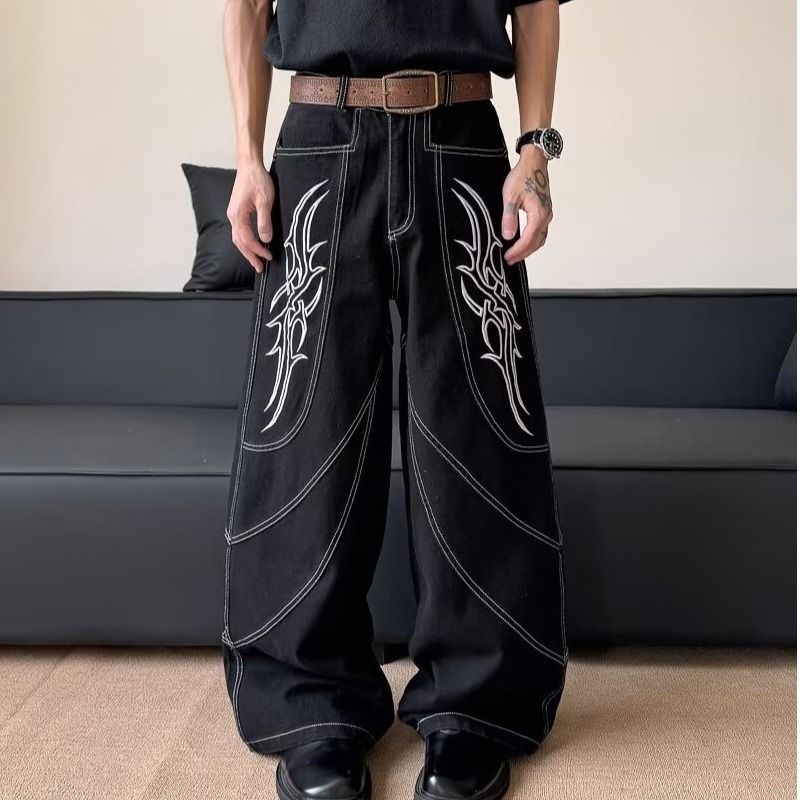 Gothic Flame Embroidered Wide-Leg Jeans – Distressed Black Denim Pants With Asymmetrical Panels, Oversized Streetwear Fit For Dark Academia & Y2K_mkmklike.com