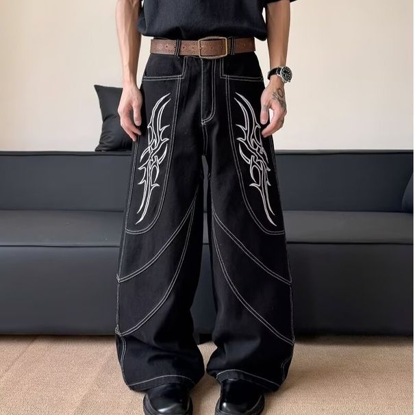 Gothic Flame Embroidered Wide-Leg Jeans – Distressed Black Denim Pants With Asymmetrical Panels, Oversized Streetwear Fit For Dark Academia & Y2K_mkmklike.com