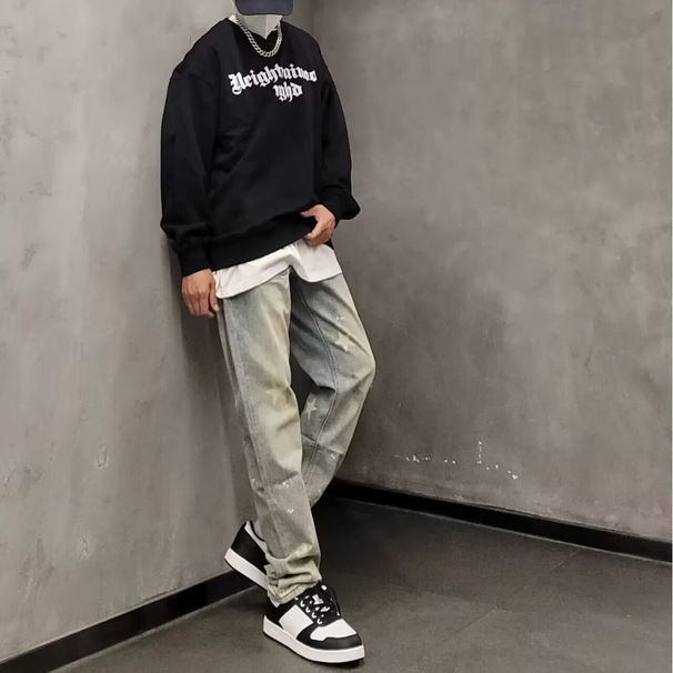 Men's Clothing Men's High Street Star Laser Print Jeans – Loose Fit Vintage Washed Distressed Wide-Leg Pants (Yellow Ochre, S-3XL)_mkmklike.com
