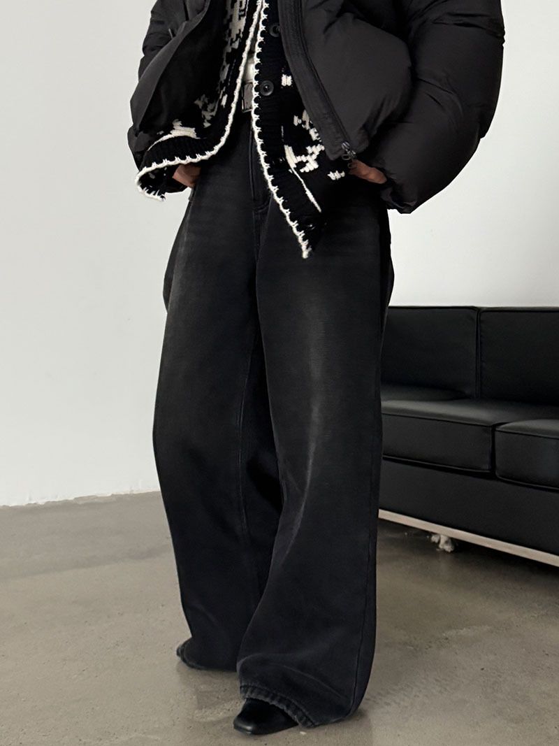 Women's Vintage Washed Straight-Leg Jeans, Winter Fleece-Lined Relaxed Fit Denim Pants With High Stretch (Retro Blue/Charcoal Black)_mkmklike.com