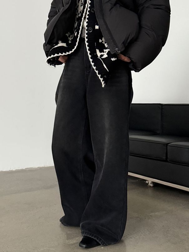 Women's Vintage Washed Straight-Leg Jeans, Winter Fleece-Lined Relaxed Fit Denim Pants With High Stretch (Retro Blue/Charcoal Black)_mkmklike.com