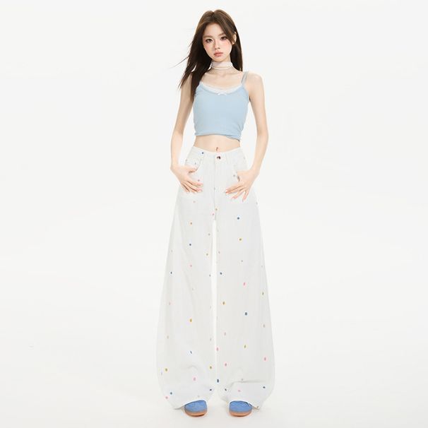 Women's Retro Floral Embroidered Wide Leg Jeans Loose Fit Slimming Stylish Spring/Summer England Fashion Style_mkmklike.com