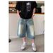 Unisex Vintage Washed Denim Bermuda Shorts Relaxed Fit Mid-Length Cargo Pants Raw Hem Blue S-3XL_mkmklike.com