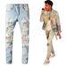 Men's Clothing High Street Fashion Brand Old Patch Paint Graffiti Hole Elastic Slim Washed Light Color Jeans_mkmklike.com