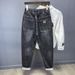 Autumn Winter New Drawstring Elastic Waist Jeans Fleece Lined 2025 Trendy Loose Fit Skinny Harem Casual Stretch Pants_mkmklike.com