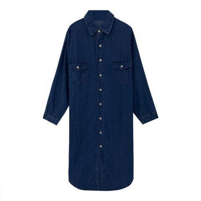 ELLE Denim For Women Sleeve Shirt Autumn Korean Version Loose Slimming Elegant Long Over-the-Knee Dress_mkmklike.com
