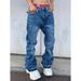 Men's Retro Washed Blue Straight Leg Jeans Loose Fit Wide Leg Floor Length Pants Simple Design_mkmklike.com