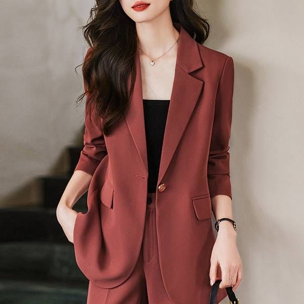 Women's Clothing Red simple fashion suit suit women's suit jacket high waist straight fashion_mkmklike.com