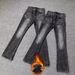 Men's High Street Black Grey Washed Slim Fit Straight Retro Flared Jeans With Fleece Lining For Winter Fashion_mkmklike.com