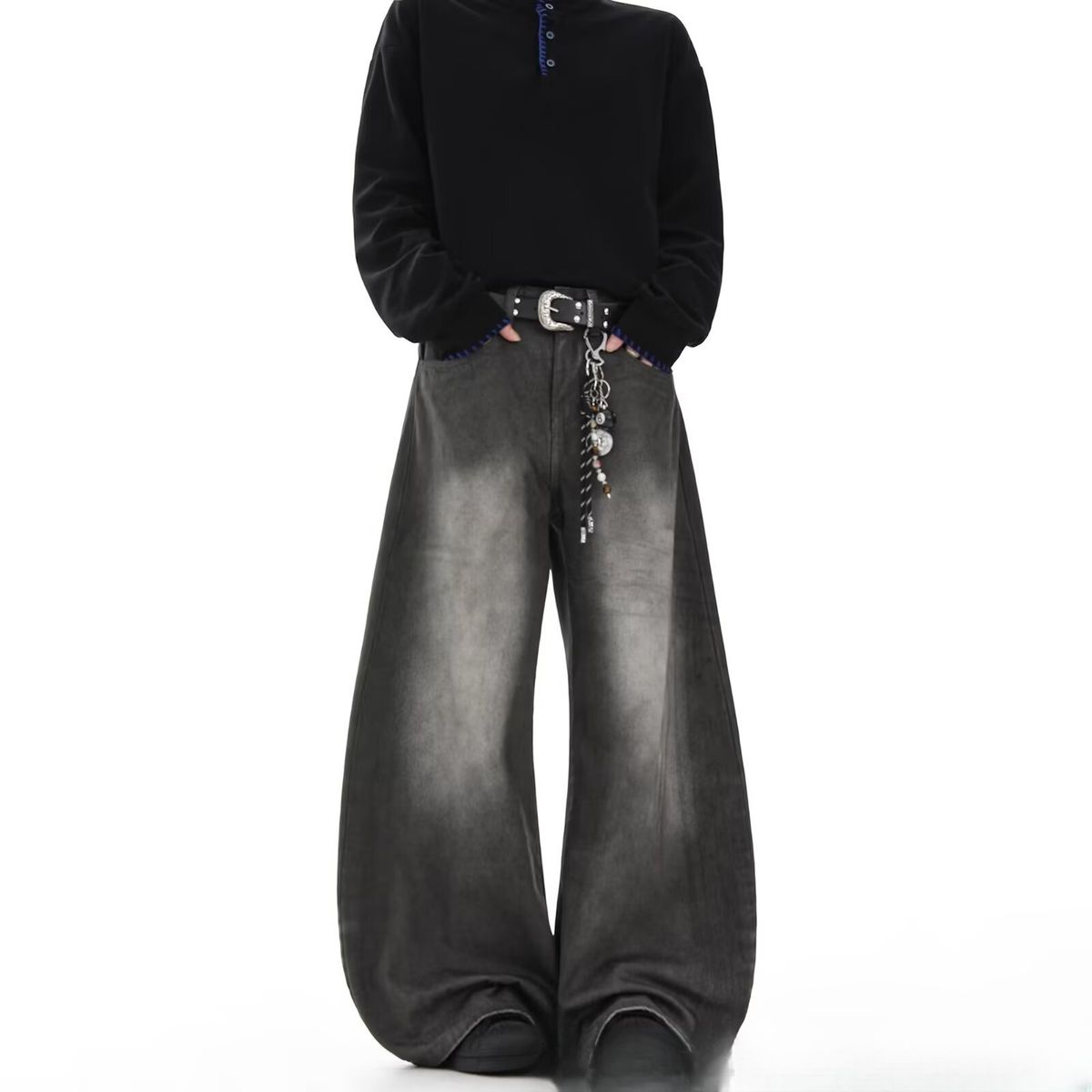 Men's Clothing Retro Washed Silhouette Jeans For Men Spring Trendy Brand Loose Long Pants Split Structure Scimitar Design_mkmklike.com