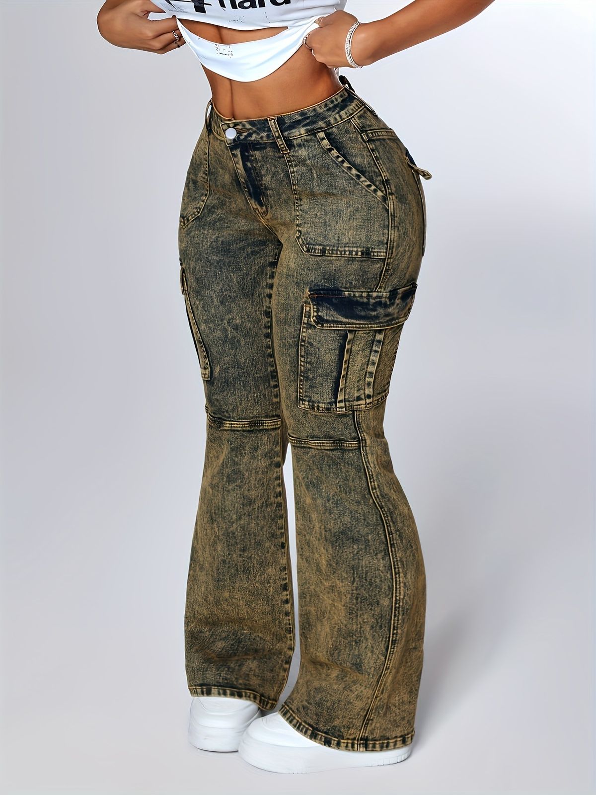 Vintage Yellow High-Waisted Flared Jeans For Women - Stretchy Denim Workwear Pants With Retro Slim Fit & Bootcut Hem_mkmklike.com