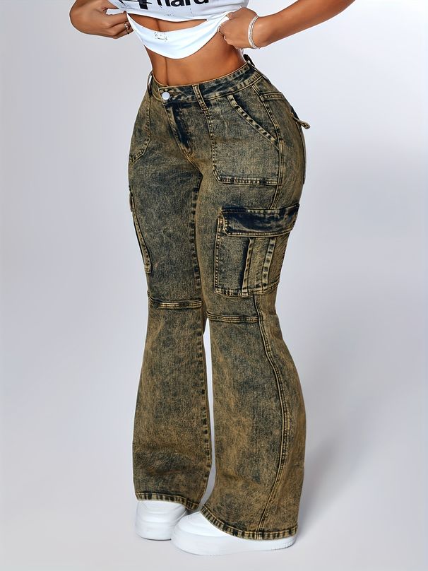 Vintage Yellow High-Waisted Flared Jeans For Women - Stretchy Denim Workwear Pants With Retro Slim Fit & Bootcut Hem_mkmklike.com