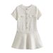 Women's Clothing new round neck short sleeve French style small fragrance style metal button a-line skirt texture short dress_mkmklike.com