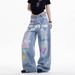American Style Hot Girl Graffiti Waist Chain Printed Jeans Unisex Summer Versatile Slimming Straight Draped Wide-Leg_mkmklike.com