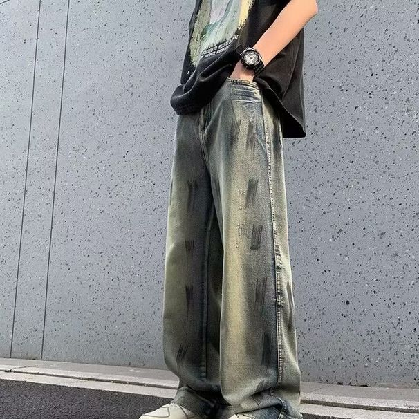 Men's Clothing Retro Casual Distressed Jeans Student Fashion Versatile Style Drape Loose Wide Leg Mopping Jeans For Men_mkmklike.com