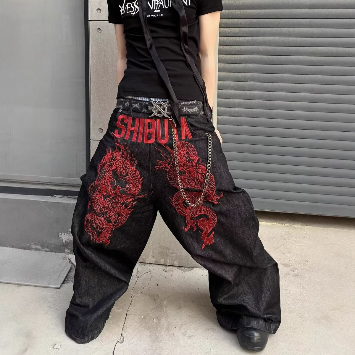 Men's Clothing Men's Casual Wide Leg Trousers Style Embroidered Red Dragon Loose Straight Jeans For Spring And Autumn_mkmklike.com