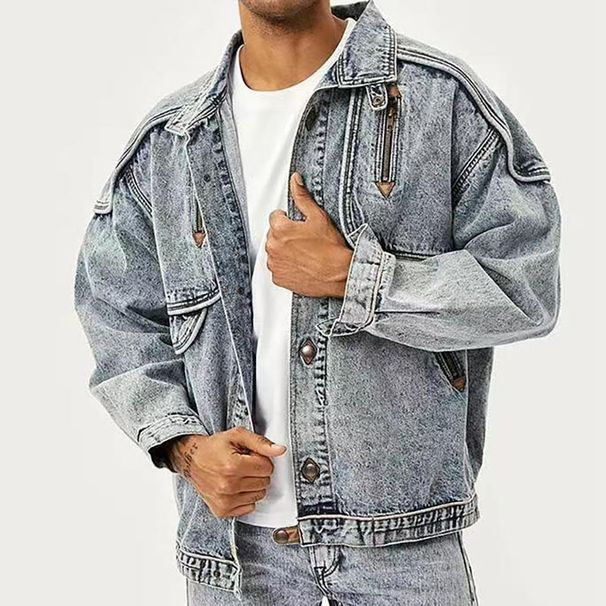 Retro Vintage Snowflake Washed Jacket With Multiple Pockets, Workwear, Lapel Jacket For Men_mkmklike.com