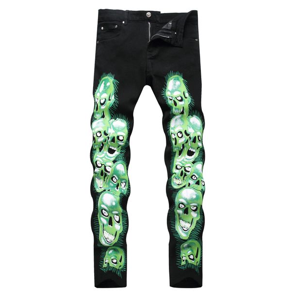Men's Gothic Style Jeans Skull Print Straight Leg Pants Dark Fashion Denim Trousers For Hip Hop Streetwear_mkmklike.com