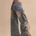 Street Style Design Graffiti Multi-Pocket Blue Wide-Leg Jeans Unisex Retro Washed Straight Work Pants_mkmklike.com