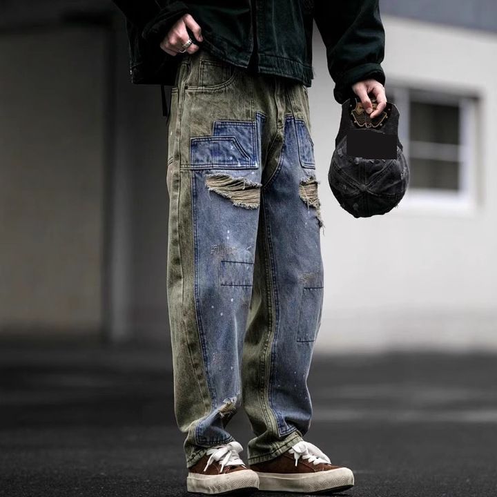 2025 Cross Border Splicing Destroyed Jeans Men's Fashion Brand American Retro Heavy Harem Lumberjack Overalls Beggar Pants_mkmklike.com