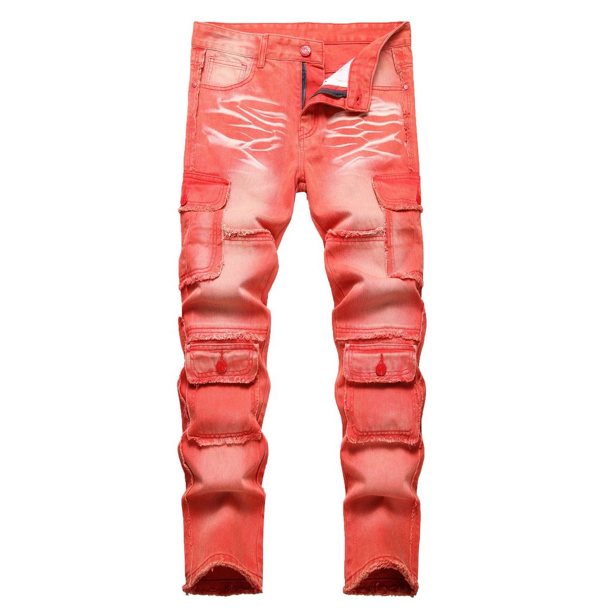 Men's Clothing Personality Multi Pocket Heavy Washed Denim Trousers_mkmklike.com