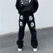 Unisex Streetwear Skull Print Denim Jeans - Loose Fit Straight Leg Hip Hop Pants For Men & Women_mkmklike.com