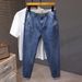 Summer Trendy Brand Washed Jeans Men's Elastic Waist Thin Ice Silk Jeans Men's Fat Denim Trousers Men_mkmklike.com