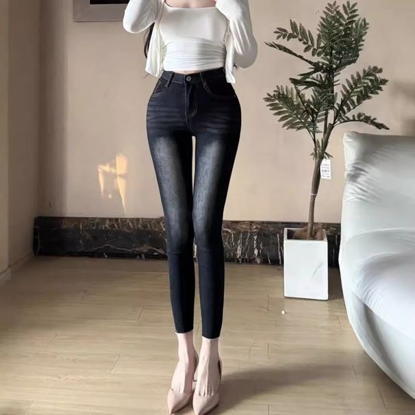 Vintage Beauty Korean Style Slim Waist Jeans for Women High Waist Elastic Comfortable Denim Full Hips Trendy Versatile Instagram Ready_mkmklike.com