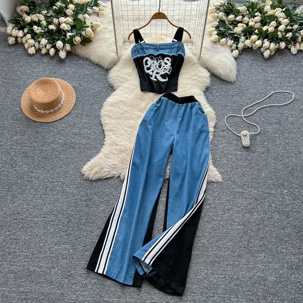 Women's Clothing Fashion Casual Suit For Women In Summer Retro Letter Embroidery Suspenders Short Vest High Waist Denim Wide Leg Pants_mkmklike.com