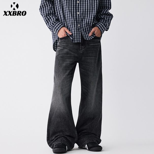 Men's Clothing Men's Textured Black & Gray Whiskered Flared Jeans Low Waist Wide Leg Pants American High Street Fashion Vibe Loose Fit_mkmklike.com