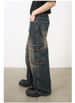 Retro Patchwork Zipper Workwear Style Multi-pocket Loose Washed Denim Jeans Trendy_mkmklike.com